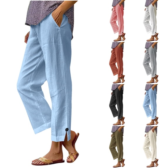 Nugftut Wide Leg Pants for Women Cotton Linen Blend Pants Elastic Waist Casual Trousers with Pockets