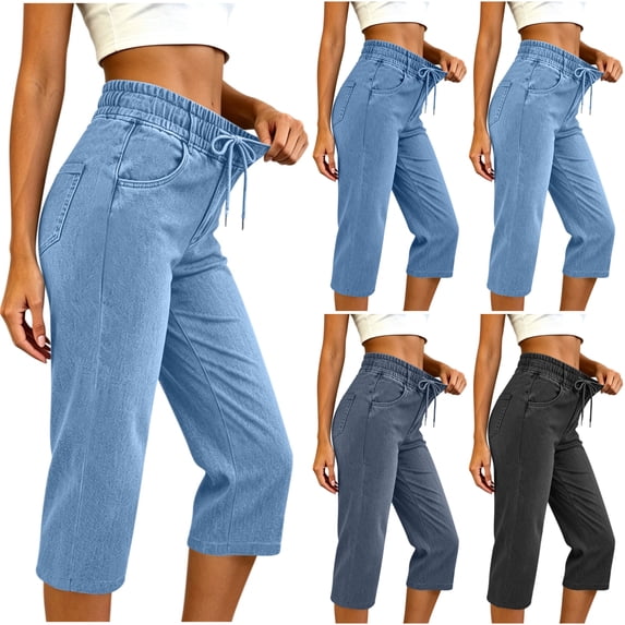 Nugftut Women's Relaxed Fit Capri Jean with Pockets Drawstring Casual Work Pants