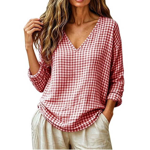 Nugftut Tops for Women Plaid V Neck Blouse Long Sleeve Loose Casual Shirts