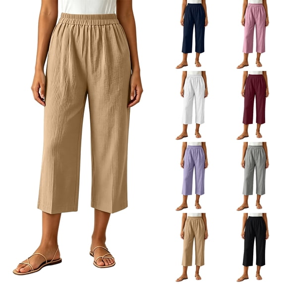 Nugftut Capri Pants for Women Elastic Waisted Capris Lightweight Loose Summer Beach Vacation Casual Pants