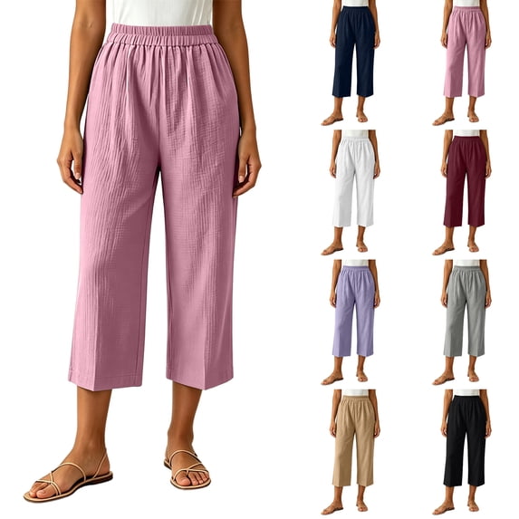 Nugftut Capri Pants for Women Elastic Waisted Capris Lightweight Loose Summer Beach Vacation Casual Pants