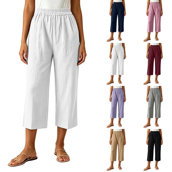 Nugftut Capri Pants for Women Elastic Waisted Capris Lightweight Loose Summer Beach Vacation Casual Pants
