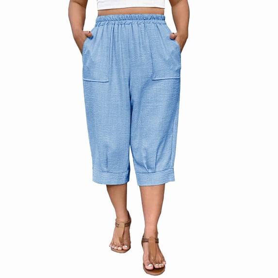 Nugftut Womens Capris Plus Size, Baggy Straigh Leg High Waist Casual Capri Pants with Pockets