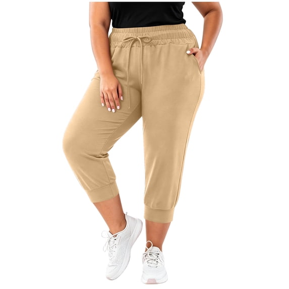 Nugftut Womens Capris Plus Size, High Waist Casual Sports Yoga Pants with Pockets Drawstring Capri Sweatpants Elastic Bottom