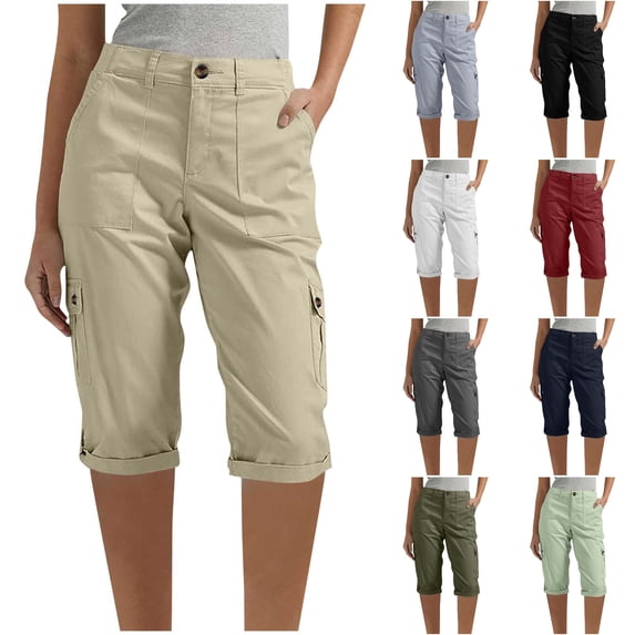 Nugftut Womens Cargo Capri Pants with Pockets Mid-Rise Classic Button Straight Leg Cropped Pants Lightweight Summer Casual Trousers