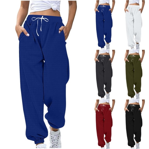 Nugftut Womens Sweatpants with Pockets and Drawstring Waffle Knit Pants Loose Cuffed Sweatpants
