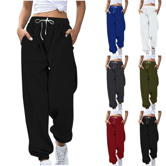 Nugftut Womens Sweatpants with Pockets and Drawstring Waffle Knit Pants Loose Cuffed Sweatpants