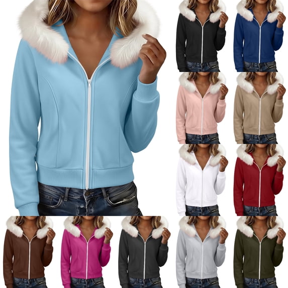 Nugftut Womens Full Zip Up Hoodies Long Sleeve Sweatshirts with Faux Fur Hood Cozy Winter Warm Sweatshirt Sizes S-XXL