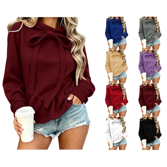 Nugftut Womens Hoodies Bow Tie Drawstring Hoodies with Ruched Hem Solid Color Long Sleeve Slim Fashion Sweatshirts