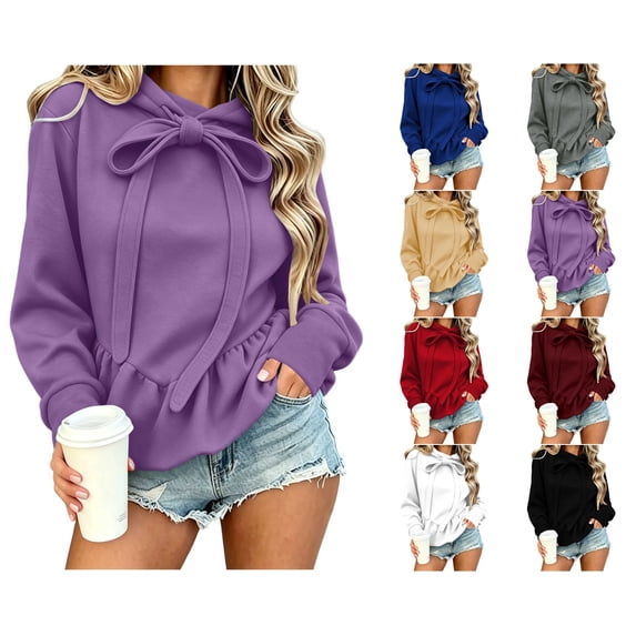 Nugftut Womens Hoodies Bow Tie Drawstring Hoodies with Ruched Hem Solid Color Long Sleeve Slim Fashion Sweatshirts