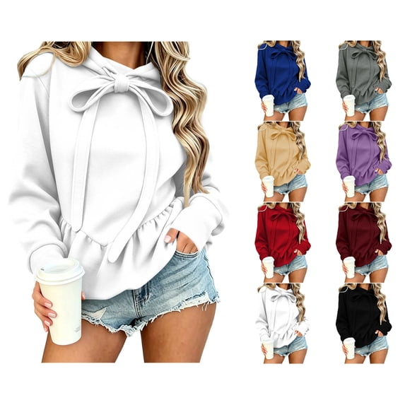 Nugftut Womens Hoodies Bow Tie Drawstring Hoodies with Ruched Hem Solid Color Long Sleeve Slim Fashion Sweatshirts