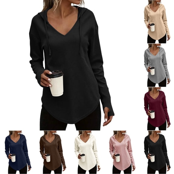 Nugftut Womens Hoodies Solid Color Waffle Knit Long Sleeve Sweatshirts V-Neck Hoodies with Drawstring Lightweight Casual Tops