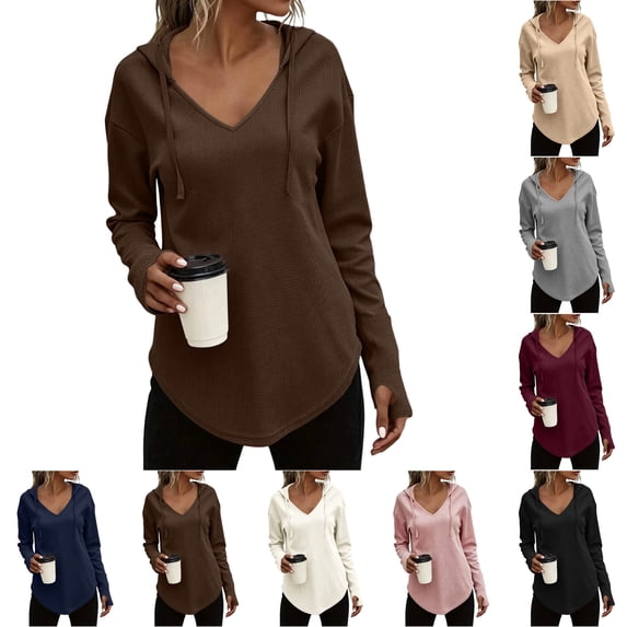Nugftut Womens Hoodies Solid Color Waffle Knit Long Sleeve Sweatshirts V-Neck Hoodies with Drawstring Lightweight Casual Tops