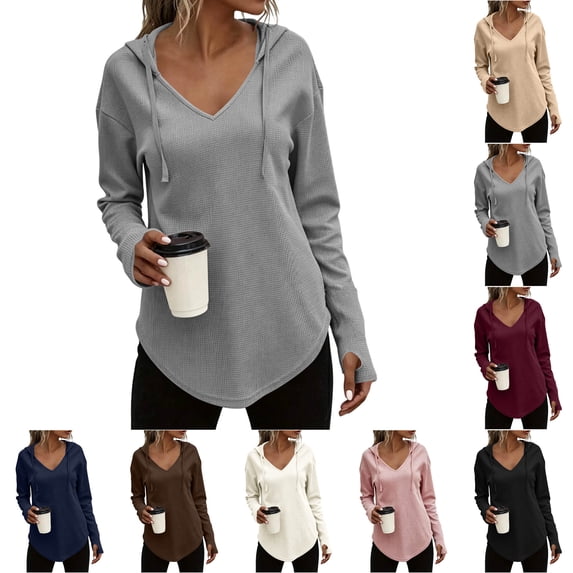 Nugftut Womens Hoodies Solid Color Waffle Knit Long Sleeve Sweatshirts V-Neck Hoodies with Drawstring Lightweight Casual Tops