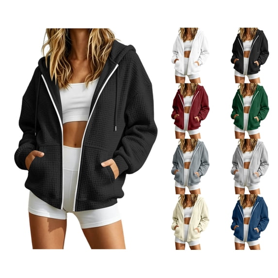 Nugftut Womens Hoodies with Zippers Long Sleeve Sweatshirts Casual Waffle Hooded Jackets with Pockets