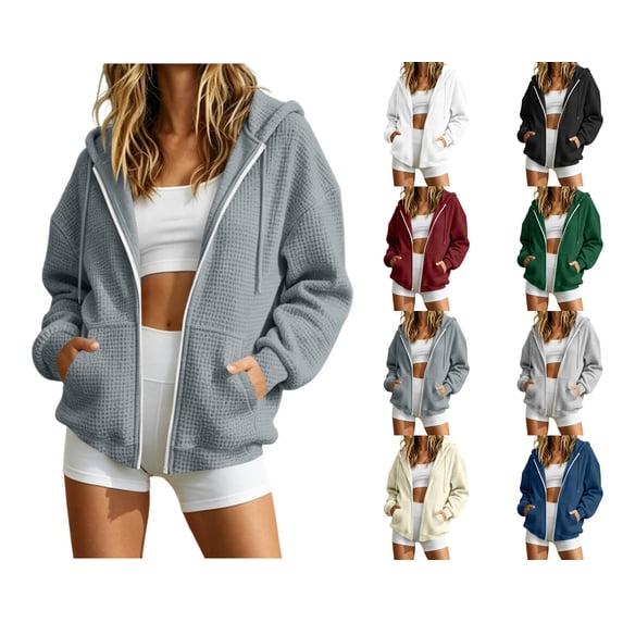 Nugftut Womens Hoodies with Zippers Long Sleeve Sweatshirts Casual Waffle Hooded Jackets with Pockets