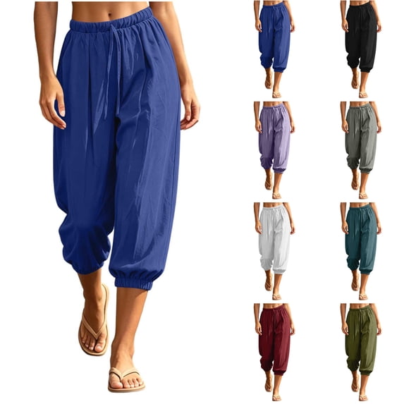 Nugftut Capri Pants for Women Solid Color Elastic Loose Capris Drawstring Summer Trave Capri Pants High Waisted Pants