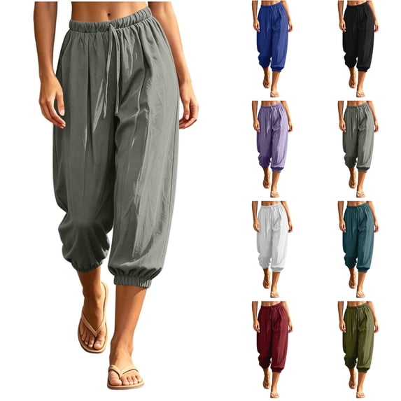Nugftut Capri Pants for Women Solid Color Elastic Loose Capris Drawstring Summer Trave Capri Pants High Waisted Pants