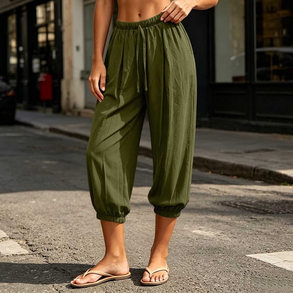 Nugftut Capri Pants for Women Solid Color Elastic Loose Capris Drawstring Summer Trave Capri Pants High Waisted Pants