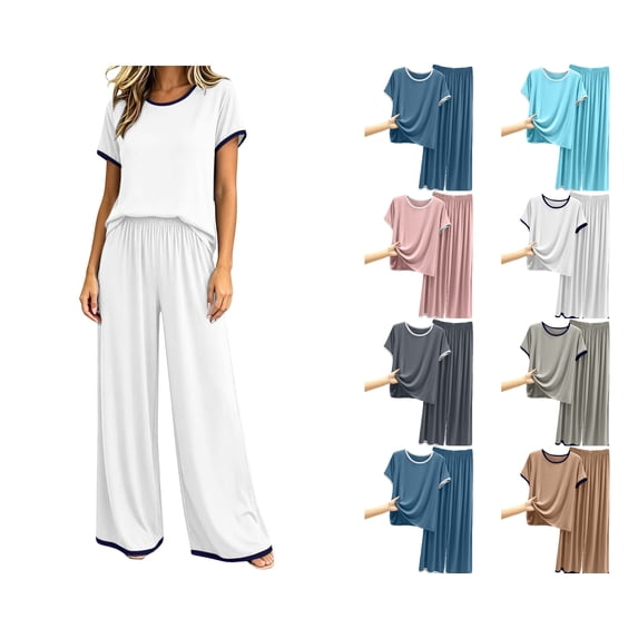 Nugftut Womens Pajama Set Short Sleeve Long Pants 2 Piece Summer Fall Lounge Soft Comfy Pjs Set Sleepwear