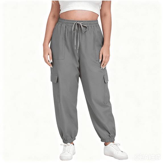 Nugftut Womens Plus Size Lightweight Cargo Joggers with Pockets, Drawstring Elastic Waist Relaxed Pants, Casual Tapered Sweatpants for Lounge