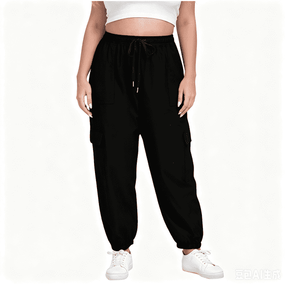 Nugftut Womens Plus Size Lightweight Cargo Joggers with Pockets, Drawstring Elastic Waist Relaxed Pants, Casual Tapered Sweatpants for Lounge