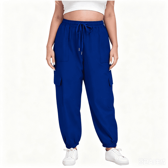 Nugftut Womens Plus Size Lightweight Cargo Joggers with Pockets, Drawstring Elastic Waist Relaxed Pants, Casual Tapered Sweatpants for Lounge