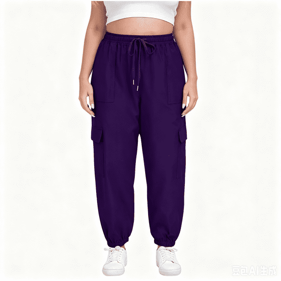 Nugftut Womens Plus Size Lightweight Cargo Joggers with Pockets, Drawstring Elastic Waist Relaxed Pants, Casual Tapered Sweatpants for Lounge