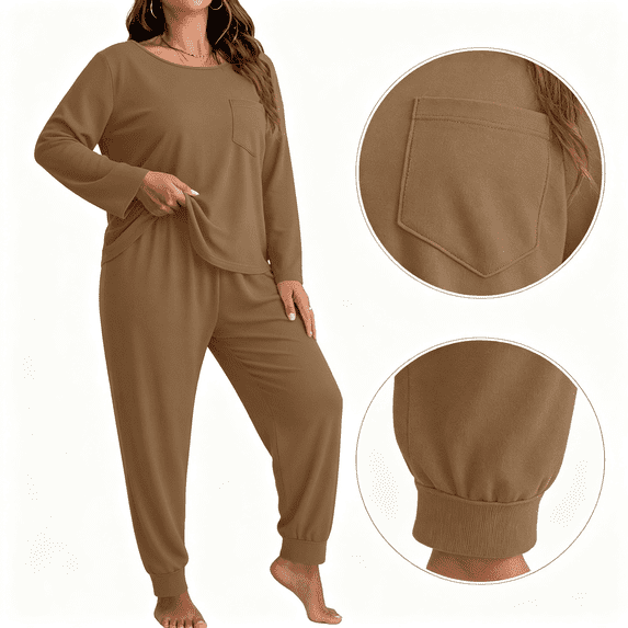 Nugftut Womens Plus Size Pajama Sets Long Sleeve Chest Pocket Top and Jogger Pants 2 Piece Loungewear