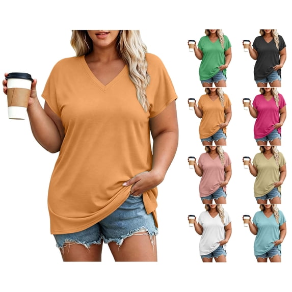Nugftut Womens Puls Size Tops Short Sleeve V Neck T-Shirts Solid Color Casual Shirts