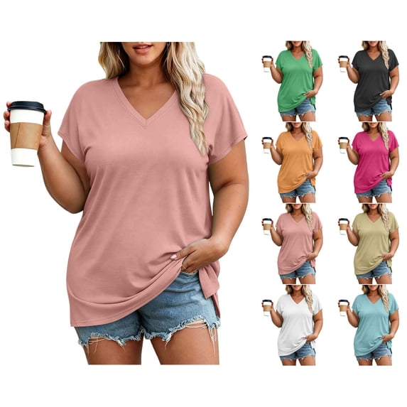 Nugftut Womens Puls Size Tops Short Sleeve V Neck T-Shirts Solid Color Casual Shirts
