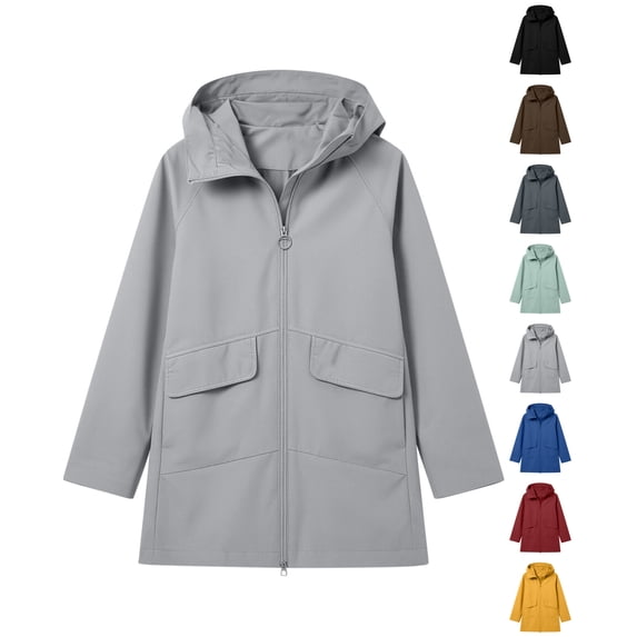 Nugftut Womens Rain Jacket Long Hooded Windbreaker, Hiking Pocket Outerwear Jacket,L