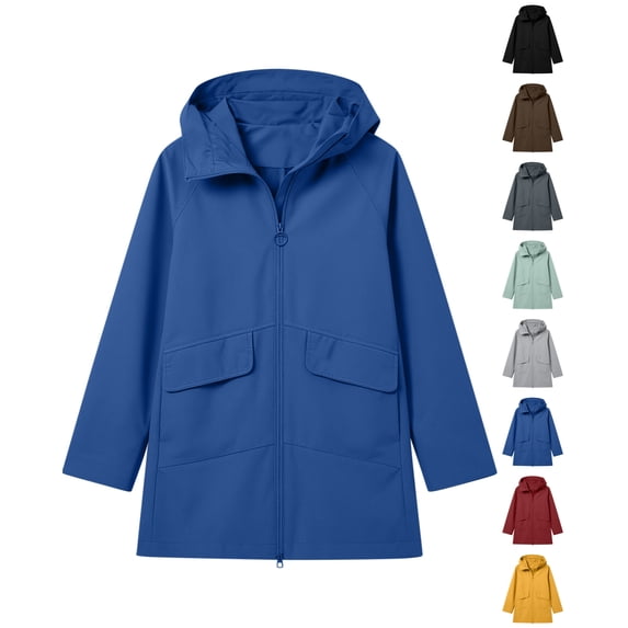 Nugftut Womens Rain Jacket Long Hooded Windbreaker, Hiking Pocket Outerwear Jacket,M