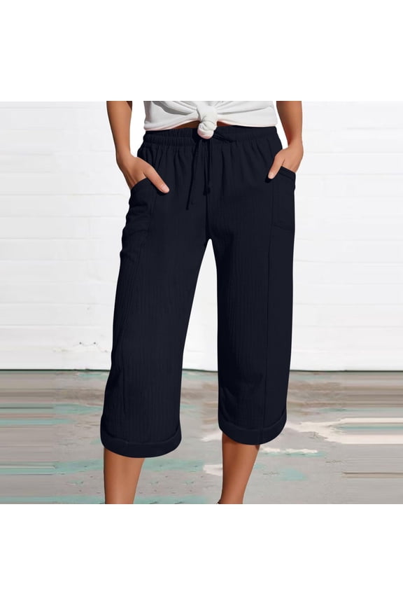 Womens Summer Capri Soft Lightweight Drawstring Waist Roll Cuff Capri Pants with Side Pockets