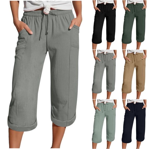 Nugftut Womens Capris Drawstring Soft Lightweight Waist Roll Cuff Capri Pants with Side Pockets