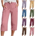 thumbnail image 1 of Nugftut Womens Capris Drawstring Soft Lightweight Waist Roll Cuff Capri Pants with Side Pockets, 1 of 5