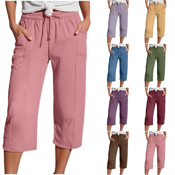 Nugftut Womens Capris Drawstring Soft Lightweight Waist Roll Cuff Capri Pants with Side Pockets