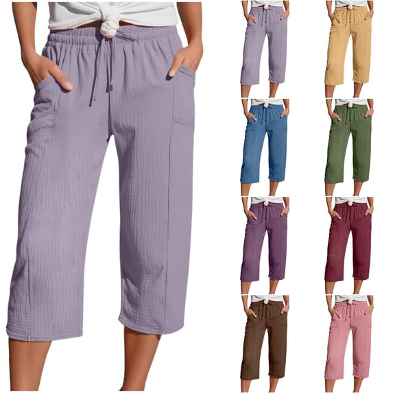 Nugftut Womens Capris Drawstring Soft Lightweight Waist Roll Cuff Capri Pants with Side Pockets