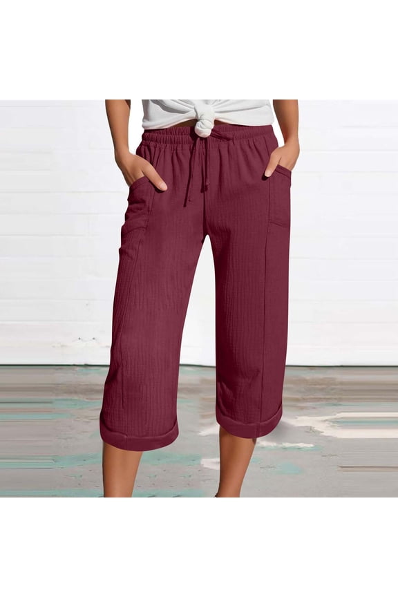 Womens Summer Capri Soft Lightweight Drawstring Waist Roll Cuff Capri Pants with Side Pockets