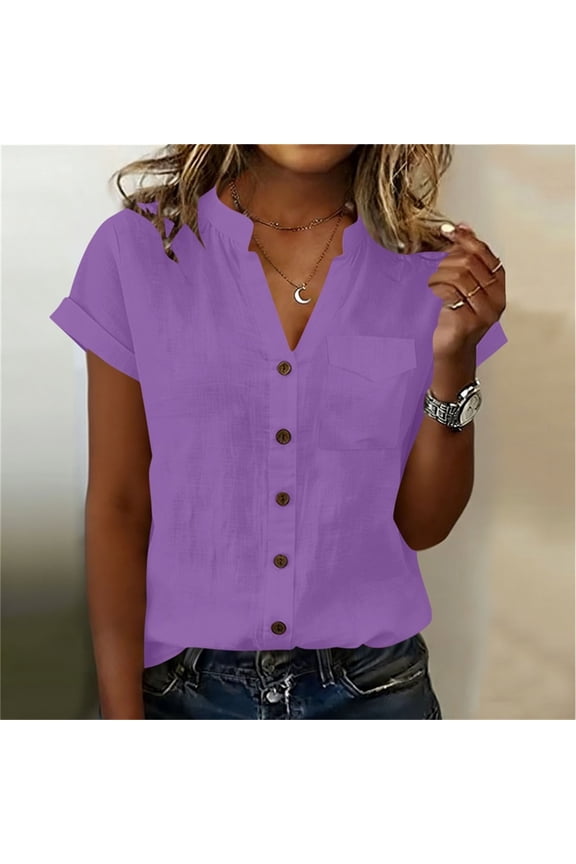 Womens Tops Short Sleeve Plain V Neck Blouses with Pockets Casual Loose Shirts