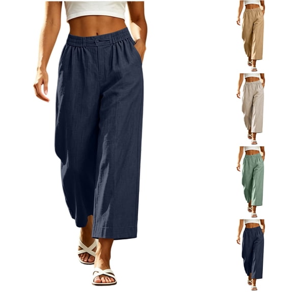 Nugftut Womens Wide Leg Pants Elastic Waisted Cropped Flowy Pants Linen Cotton Blend Casual Trousers with Pockets