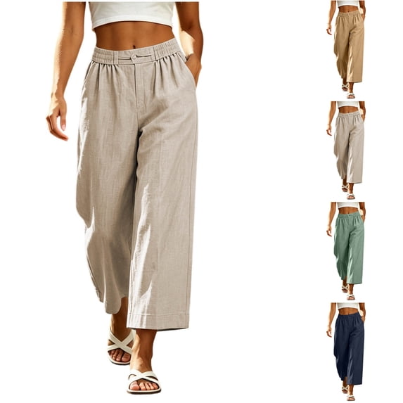 Nugftut Womens Wide Leg Pants Elastic Waisted Cropped Flowy Pants Linen Cotton Blend Casual Trousers with Pockets
