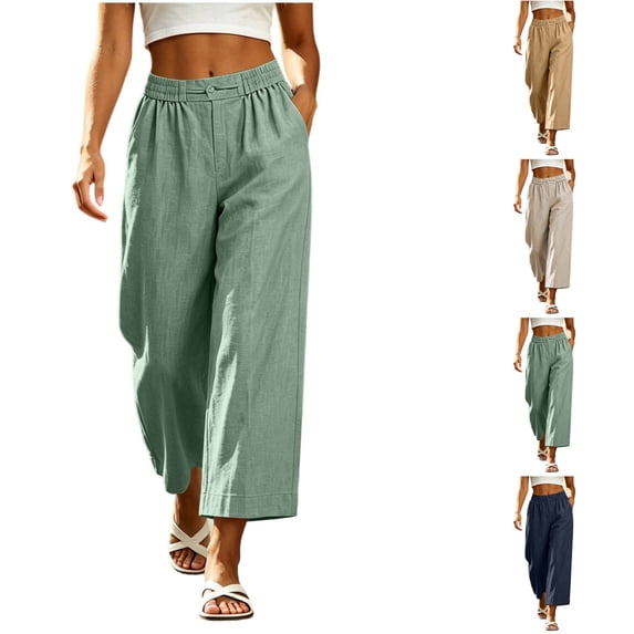 Nugftut Womens Wide Leg Pants Elastic Waisted Cropped Flowy Pants Linen Cotton Blend Casual Trousers with Pockets