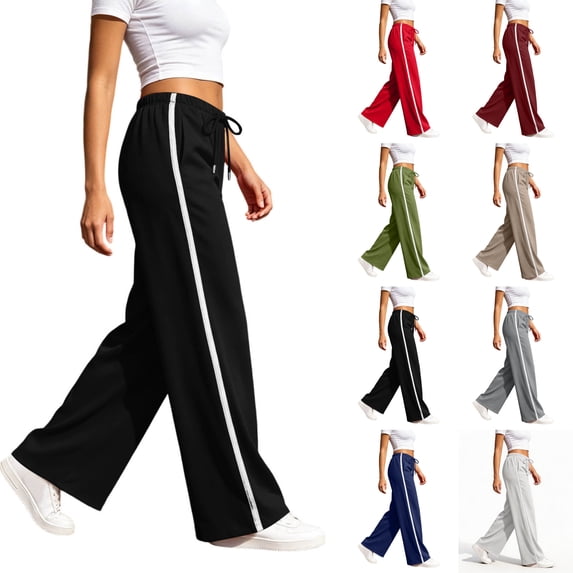 Nugftut Womens Wide Leg Pants Striped Elastic Waist Casual Sweatpants Lightweight Fall Pants