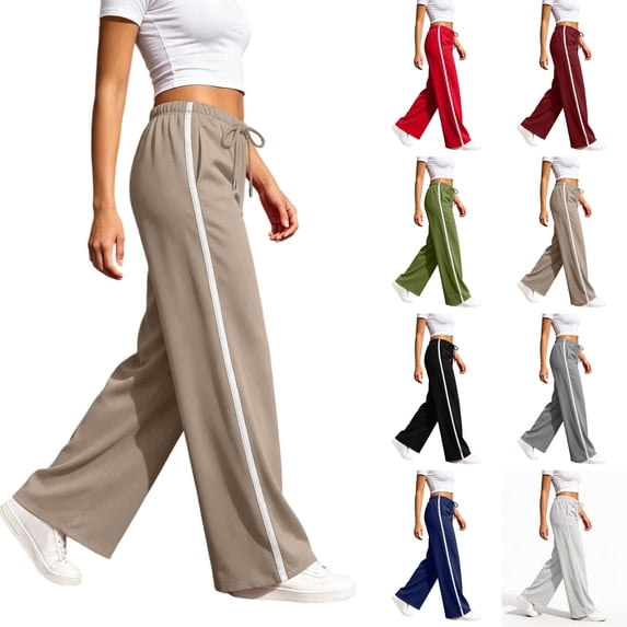Nugftut Womens Wide Leg Pants Striped Elastic Waist Casual Sweatpants Lightweight Fall Pants