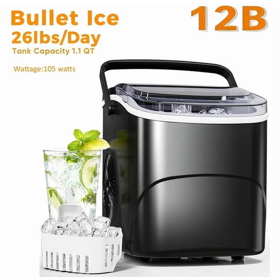 Countertop Nugget Bullet Ice Maker Portable Chewable Pellet Ice Machine 26-35Lbs/24H Self-Cleaning One-Click Stainless Steel for Kitchen Office Black/Silvery