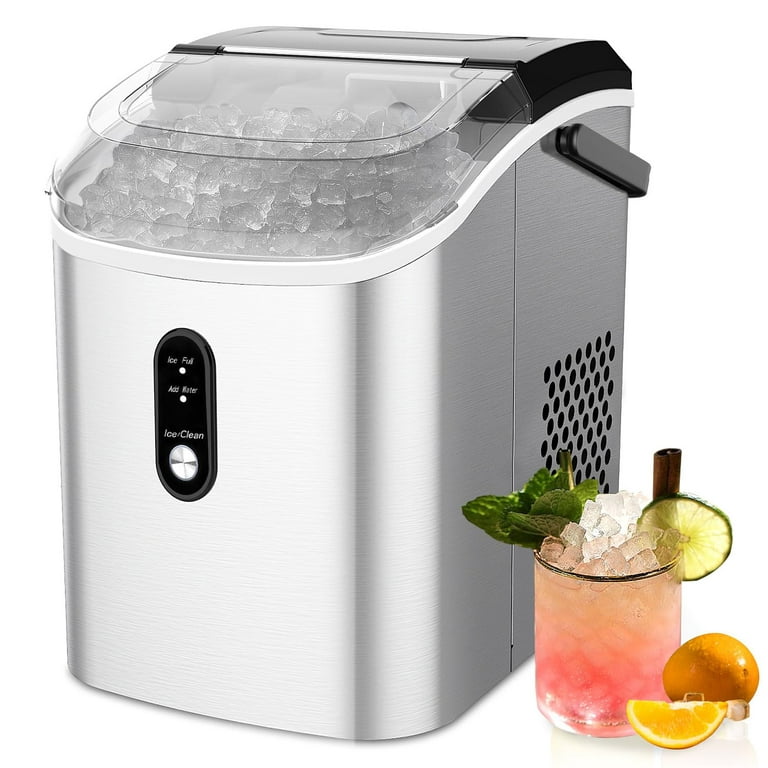 Nugget Ice Maker Countertop,33lbs/Day, Pellet ice Maker,a Basket in 1.5  Hour, Self-Cleaning, One-Click Design, Compact Crushed Ice Maker with Chewy  Ice for Home Bar Party，Silver 