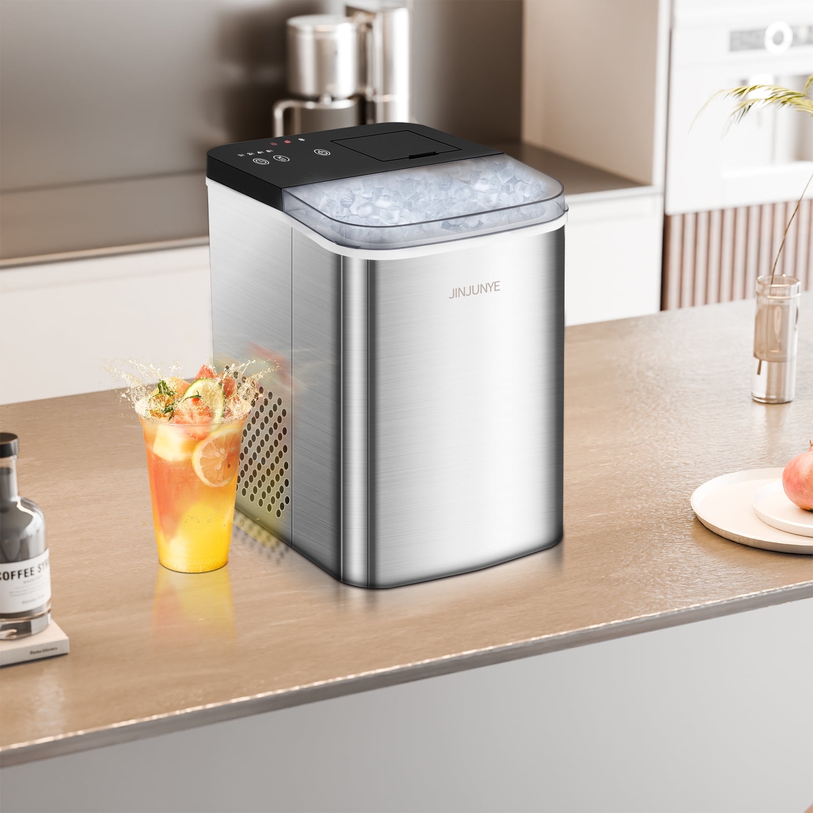 JINJUNYE Nugget Ice Maker Countertop, Portable Chewable Ice Machine with Timer, 40lbs/24H, Self-Cleaning, 2 Way Add Water for Gallery, Party, Stainless Steel