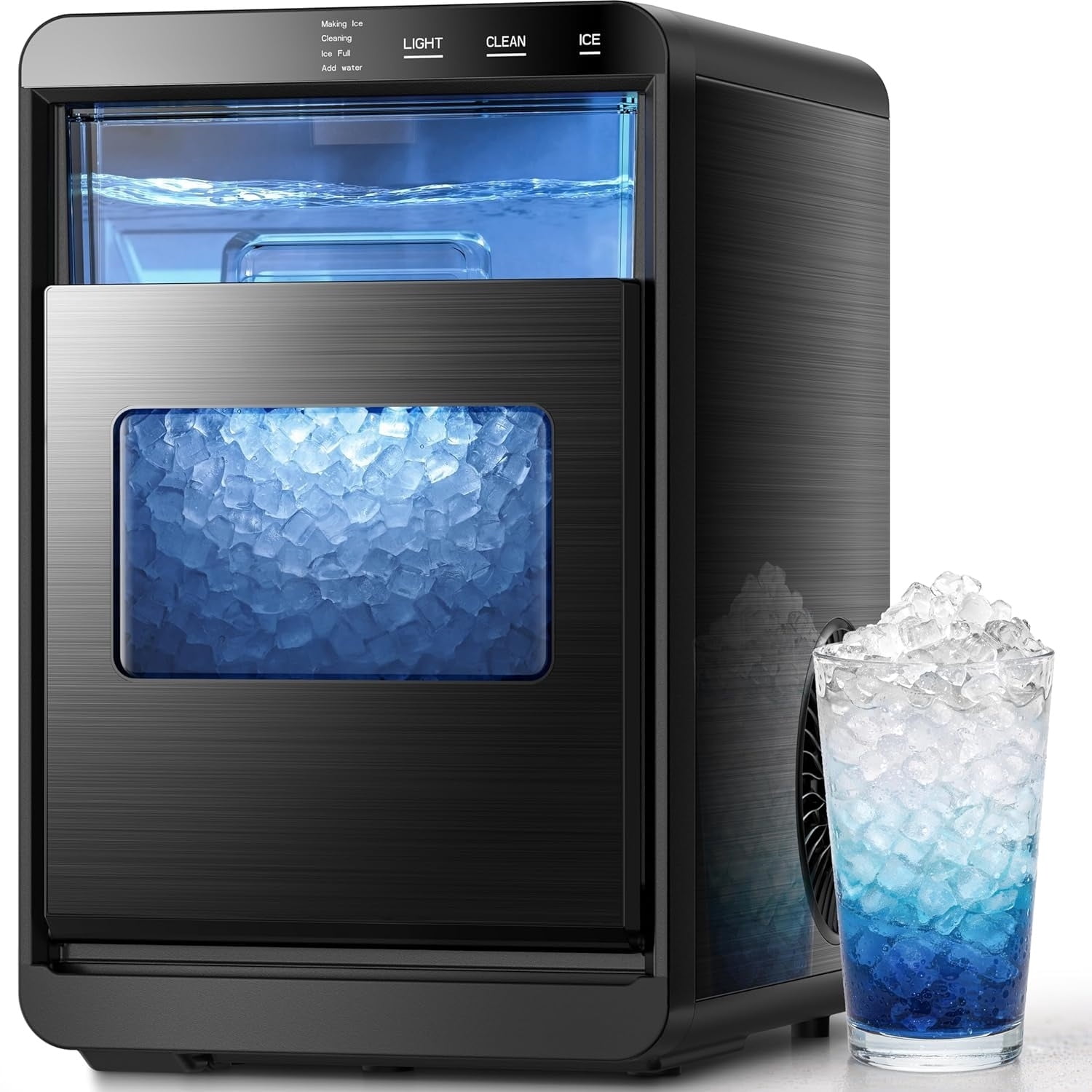 Nugget Ice Maker Countertop: 44lb/Day, Self-Cleaning, Black Stainless Steel, Portable, Soft Chewable Pebble Ice Machine for Home Kitchen, RV & Office