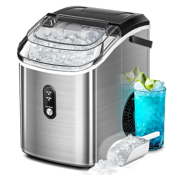 Nugget Ice Maker Countertop, Portable Pebble Ice Maker Machine, 35lbs/Day Chewable Ice, Self-Cleaning, Stainless Steel, Pellet Ice Maker for Home/Kitchen/Office (Silver)
